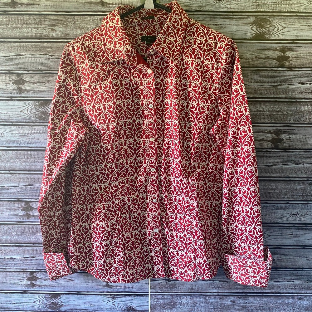 Talbots Women's Long-Sleeved Button-Down Top Size 12 Red White Stretch